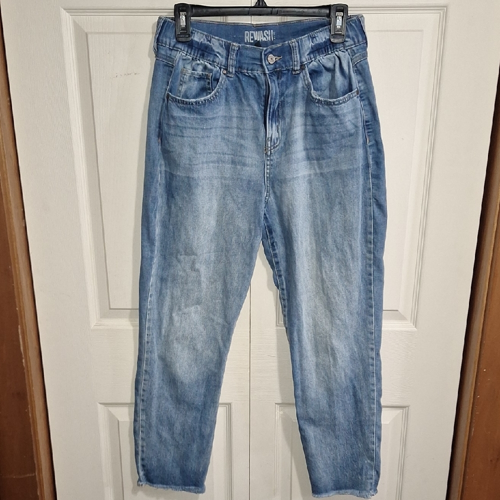 Rewash Straight Leg Denim Boyfriend Jeans-Blue-Raw Hem-11/30